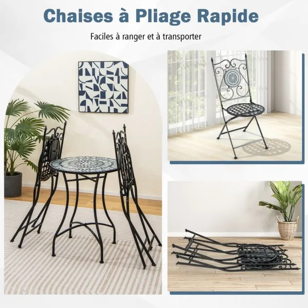 Lot de 2 Chaises de Jardin Pliantes en Métal Dossier Décoratif à Motifs Mosaïque Patins Antidérapants Intérieur Extérieur