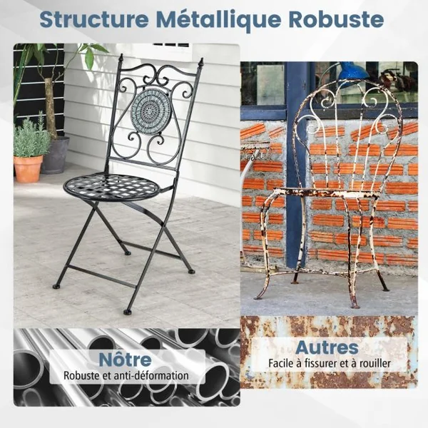 Lot de 2 Chaises de Jardin Pliantes en Métal Dossier Décoratif à Motifs Mosaïque Patins Antidérapants Intérieur Extérieur