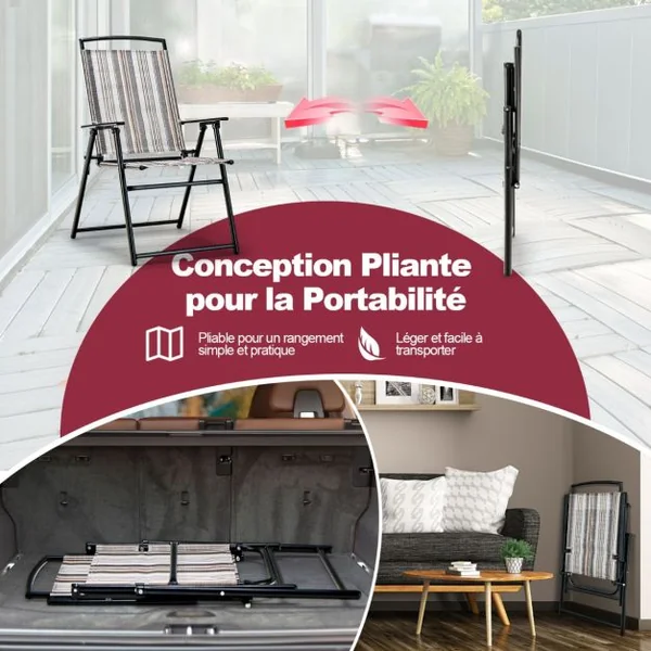 Lot de 2 Chaises de Jardin Pliantes en Textilène et Métal Charge 150KG Fauteuil de Jardin pour Camping Plage Pique-nique