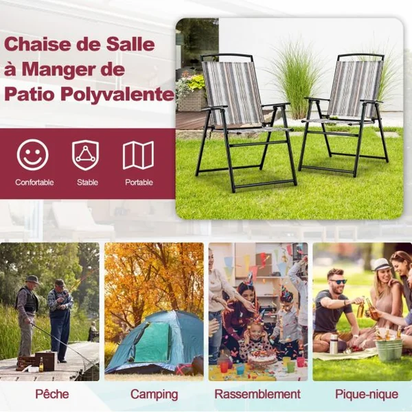 Lot de 2 Chaises de Jardin Pliantes en Textilène et Métal Charge 150KG Fauteuil de Jardin pour Camping Plage Pique-nique