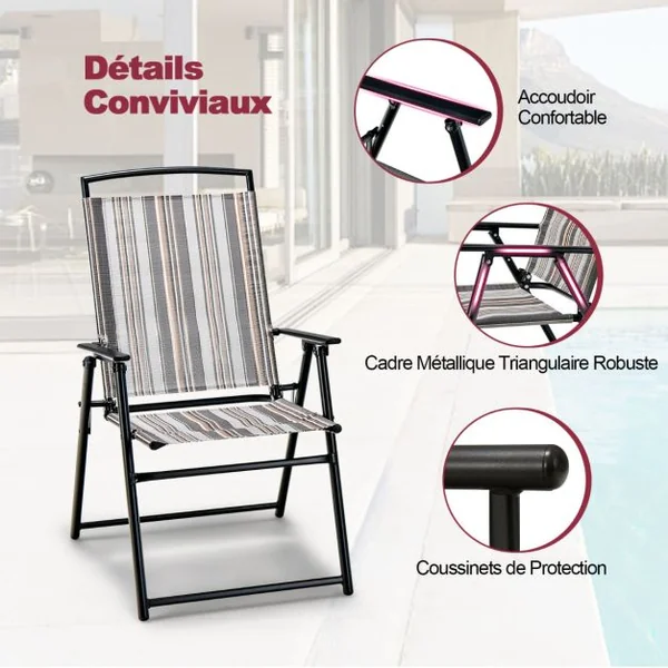 Lot de 2 Chaises de Jardin Pliantes en Textilène et Métal Charge 150KG Fauteuil de Jardin pour Camping Plage Pique-nique