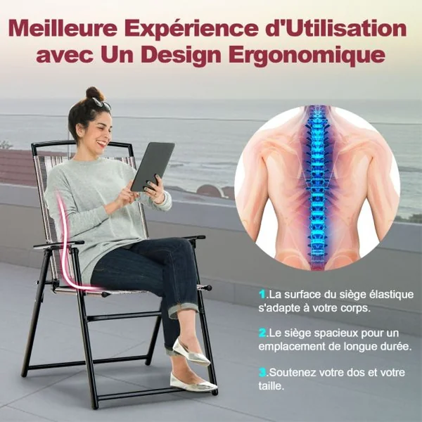 Lot de 2 Chaises de Jardin Pliantes en Textilène et Métal Charge 150KG Fauteuil de Jardin pour Camping Plage Pique-nique