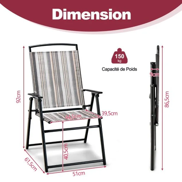 Lot de 2 Chaises de Jardin Pliantes en Textilène et Métal Charge 150KG Fauteuil de Jardin pour Camping Plage Pique-nique