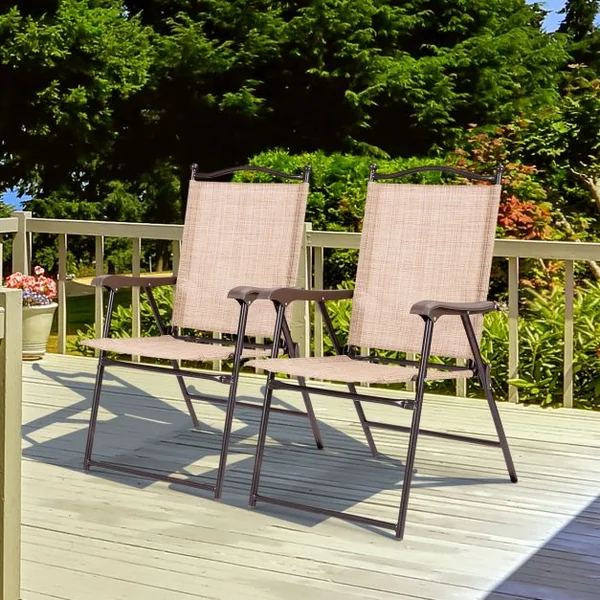 Lot de 2 Chaises de Jardin Pliantes en Textilène & Métal Fauteuil Jardin avec Accoudoirs Dossier pour Jardin Camping Beige