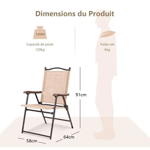 Lot de 2 Chaises de Jardin Pliantes en Textilène & Métal Fauteuil Jardin avec Accoudoirs Dossier pour Jardin Camping Beige