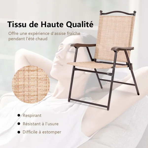 Lot de 2 Chaises de Jardin Pliantes en Textilène & Métal Fauteuil Jardin avec Accoudoirs Dossier pour Jardin Camping Beige