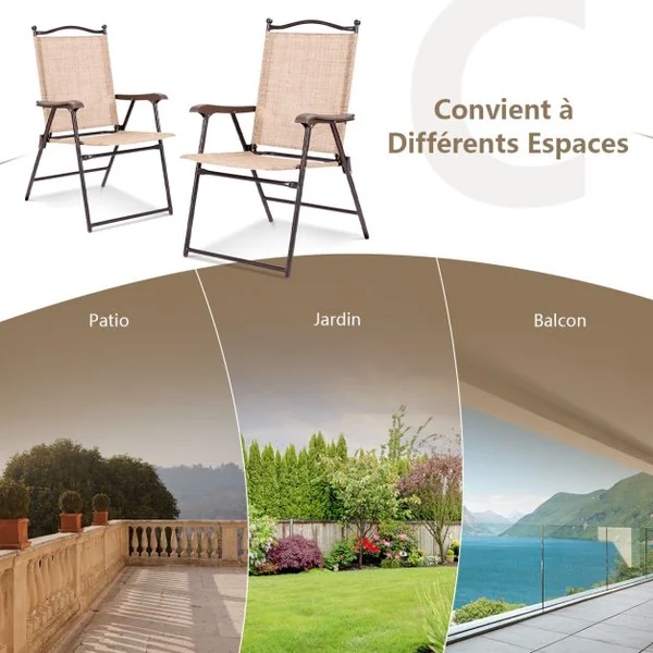 Lot de 2 Chaises de Jardin Pliantes en Textilène & Métal Fauteuil Jardin avec Accoudoirs Dossier pour Jardin Camping Beige