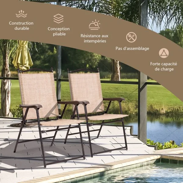 Lot de 2 Chaises de Jardin Pliantes en Textilène & Métal Fauteuil Jardin avec Accoudoirs Dossier pour Jardin Camping Beige