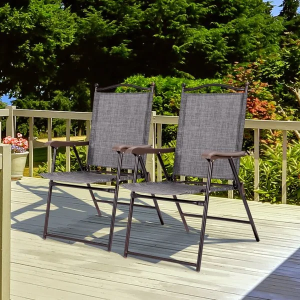 Lot de 2 Chaises de Jardin Pliantes en Textilène & Métal Fauteuil Jardin avec Accoudoirs Dossier pour Plage Camping Beige