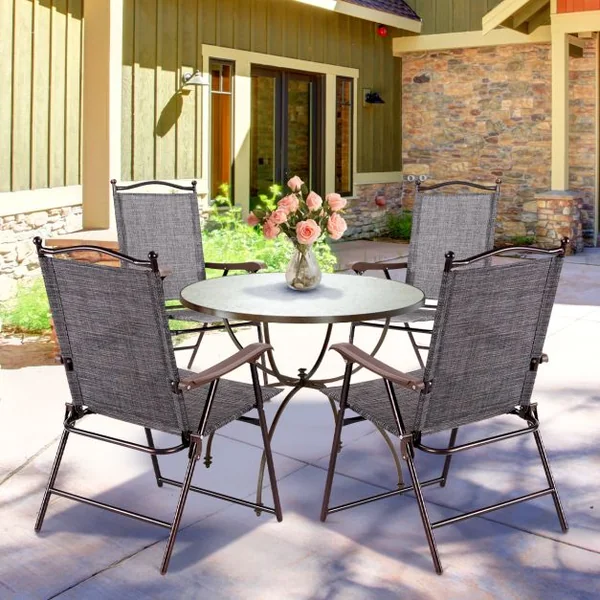 Lot de 2 Chaises de Jardin Pliantes en Textilène & Métal Fauteuil Jardin avec Accoudoirs Dossier pour Plage Camping Beige