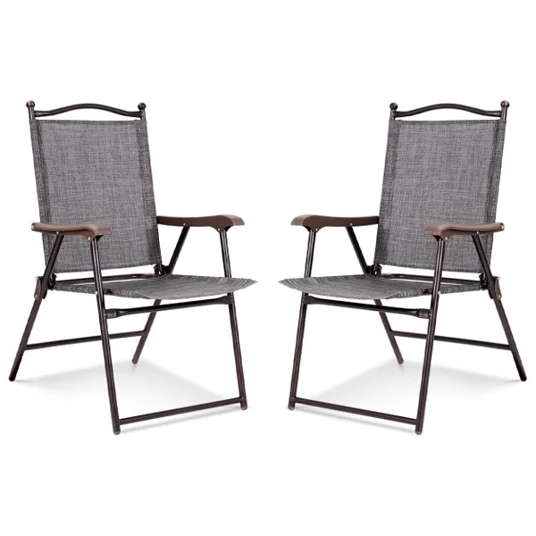 Lot de 2 Chaises de Jardin Pliantes en Textilène & Métal Fauteuil Jardin avec Accoudoirs Dossier pour Plage Camping Beige