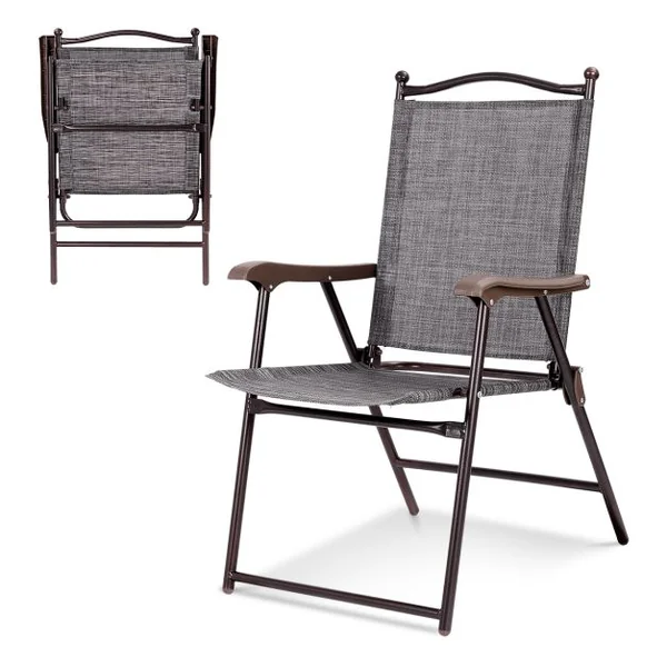 Lot de 2 Chaises de Jardin Pliantes en Textilène & Métal Fauteuil Jardin avec Accoudoirs Dossier pour Plage Camping Beige
