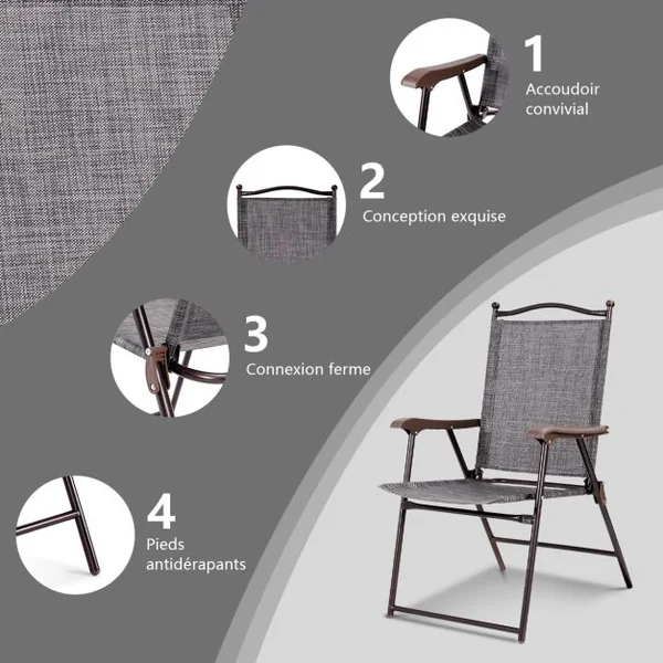 Lot de 2 Chaises de Jardin Pliantes en Textilène & Métal Fauteuil Jardin avec Accoudoirs Dossier pour Plage Camping Beige