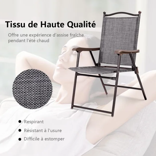 Lot de 2 Chaises de Jardin Pliantes en Textilène & Métal Fauteuil Jardin avec Accoudoirs Dossier pour Plage Camping Beige