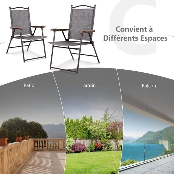 Lot de 2 Chaises de Jardin Pliantes en Textilène & Métal Fauteuil Jardin avec Accoudoirs Dossier pour Plage Camping Beige