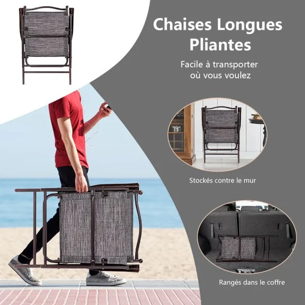 Lot de 2 Chaises de Jardin Pliantes en Textilène & Métal Fauteuil Jardin avec Accoudoirs Dossier pour Plage Camping Beige