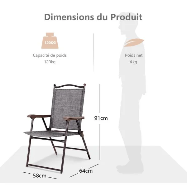 Lot de 2 Chaises de Jardin Pliantes en Textilène & Métal Fauteuil Jardin avec Accoudoirs Dossier pour Plage Camping Beige