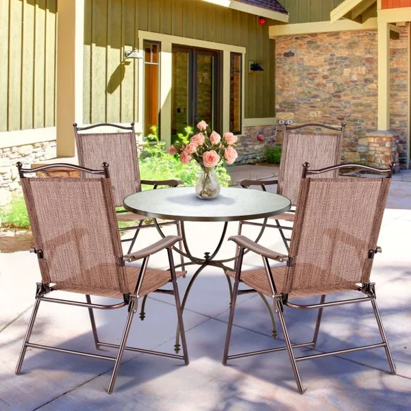 Lot de 2 Chaises de Jardin Pliantes en Textilène & Métal Fauteuil Jardin avec Accoudoirs Dossier pour Plage Camping Café