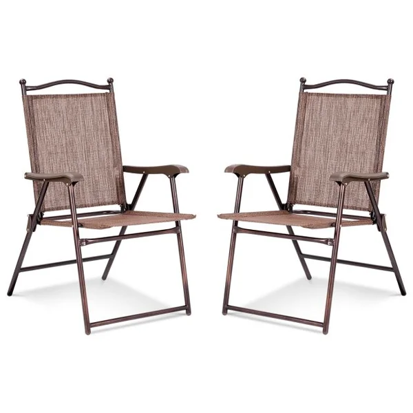 Lot de 2 Chaises de Jardin Pliantes en Textilène & Métal Fauteuil Jardin avec Accoudoirs Dossier pour Plage Camping Café