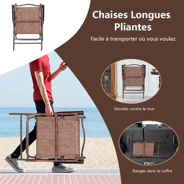 Lot de 2 Chaises de Jardin Pliantes en Textilène & Métal Fauteuil Jardin avec Accoudoirs Dossier pour Plage Camping Café