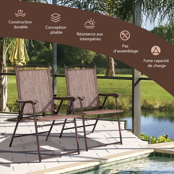 Lot de 2 Chaises de Jardin Pliantes en Textilène & Métal Fauteuil Jardin avec Accoudoirs Dossier pour Plage Camping Café