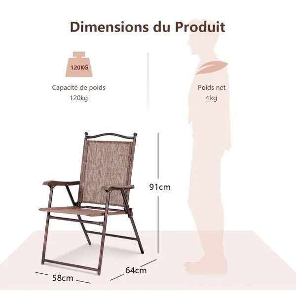 Lot de 2 Chaises de Jardin Pliantes en Textilène & Métal Fauteuil Jardin avec Accoudoirs Dossier pour Plage Camping Café