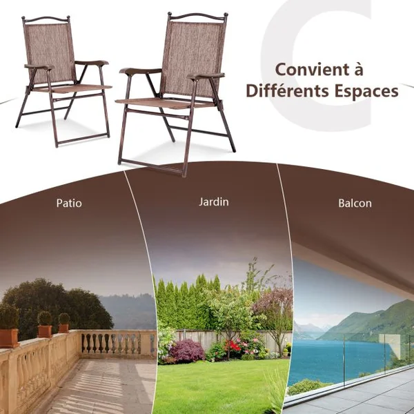 Lot de 2 Chaises de Jardin Pliantes en Textilène & Métal Fauteuil Jardin avec Accoudoirs Dossier pour Plage Camping Café