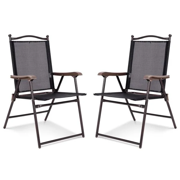 Lot de 2 Chaises de Jardin Pliantes en Textilène & Métal Fauteuil Jardin avec Accoudoirs Dossier pour Plage Camping Noir