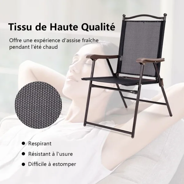 Lot de 2 Chaises de Jardin Pliantes en Textilène & Métal Fauteuil Jardin avec Accoudoirs Dossier pour Plage Camping Noir