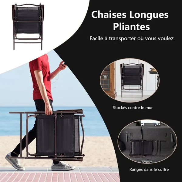 Lot de 2 Chaises de Jardin Pliantes en Textilène & Métal Fauteuil Jardin avec Accoudoirs Dossier pour Plage Camping Noir