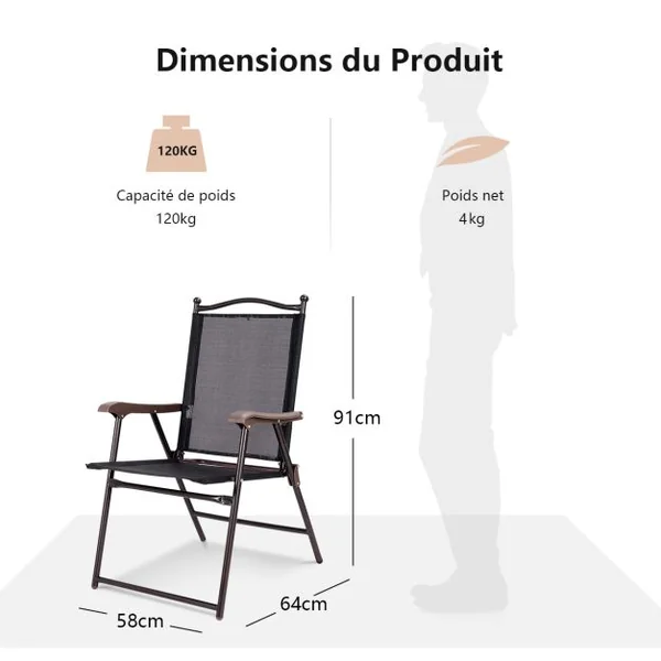 Lot de 2 Chaises de Jardin Pliantes en Textilène & Métal Fauteuil Jardin avec Accoudoirs Dossier pour Plage Camping Noir