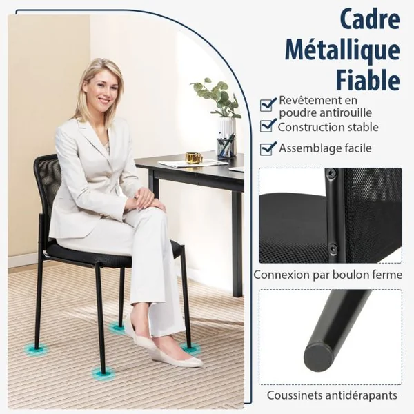 Lot de 2 Chaises de Salle d'Attente Empilables avec Siège Rembourré Chaises pour Bureau Salle de Conférence Réception Noir
