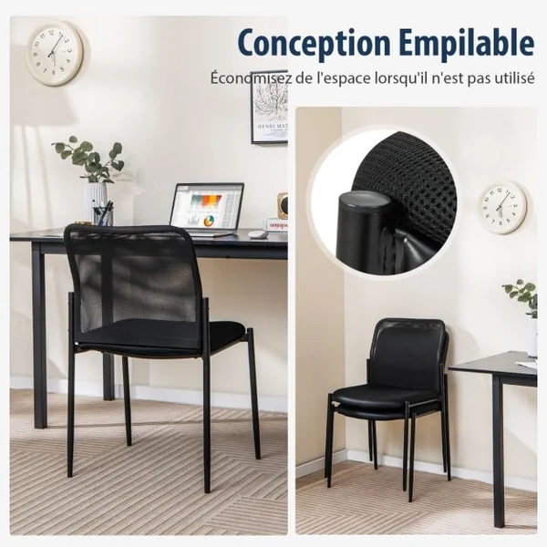 Lot de 2 Chaises de Salle d'Attente Empilables avec Siège Rembourré Chaises pour Bureau Salle de Conférence Réception Noir