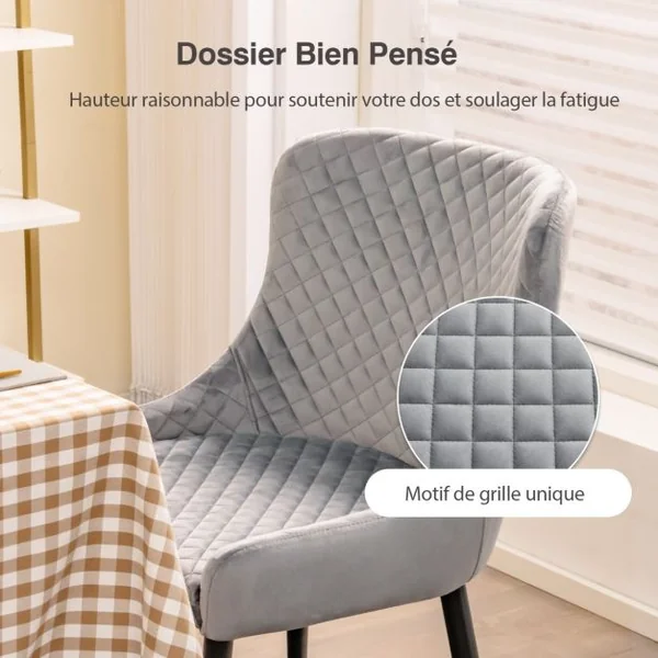 Lot de 2 Chaises de Salle à Manger Chaise d'Appoint de Cuisine Rembourrée avec Pieds en Métal Repose-pieds Réglables en Velours sans Accoudoirs Gris