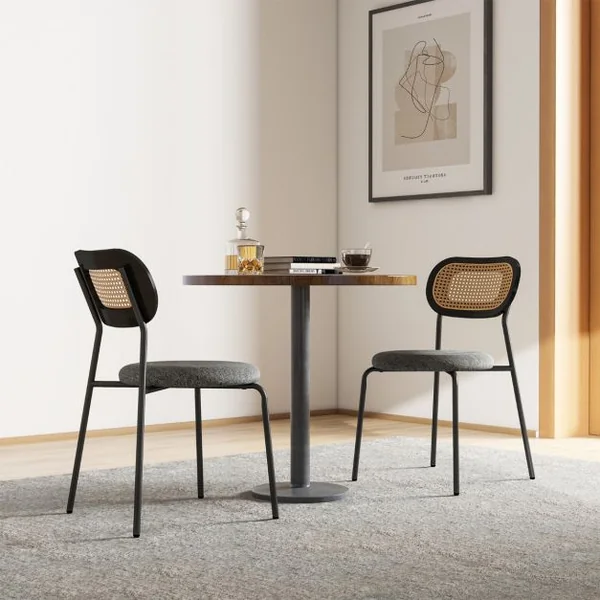 Lot de 2 Chaises de Salle à Manger en Rotin Siège Ronde Rembourrée en Tissu de Lin Hauteur d'Assise 46 cm 4 Pieds en Métal Style Bohême Noir
