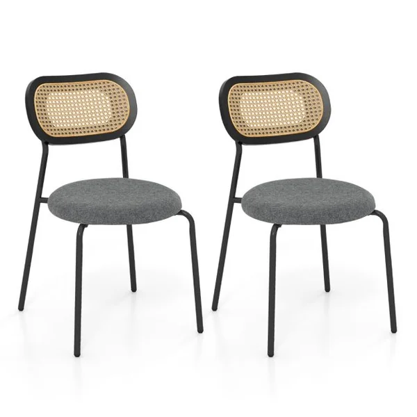 Lot de 2 Chaises de Salle à Manger en Rotin Siège Ronde Rembourrée en Tissu de Lin Hauteur d'Assise 46 cm 4 Pieds en Métal Style Bohême Noir