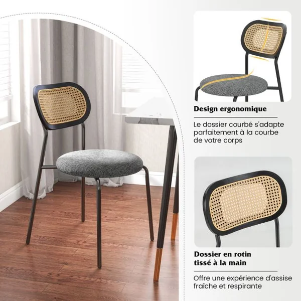 Lot de 2 Chaises de Salle à Manger en Rotin Siège Ronde Rembourrée en Tissu de Lin Hauteur d'Assise 46 cm 4 Pieds en Métal Style Bohême Noir