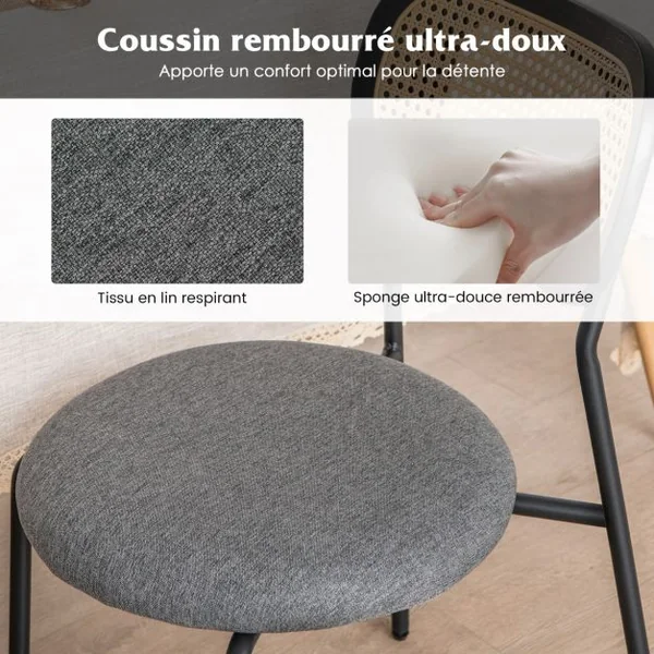 Lot de 2 Chaises de Salle à Manger en Rotin Siège Ronde Rembourrée en Tissu de Lin Hauteur d'Assise 46 cm 4 Pieds en Métal Style Bohême Noir