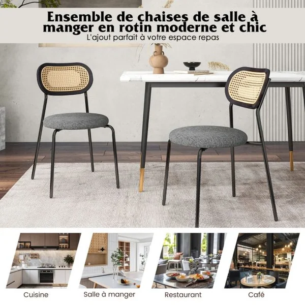 Lot de 2 Chaises de Salle à Manger en Rotin Siège Ronde Rembourrée en Tissu de Lin Hauteur d'Assise 46 cm 4 Pieds en Métal Style Bohême Noir