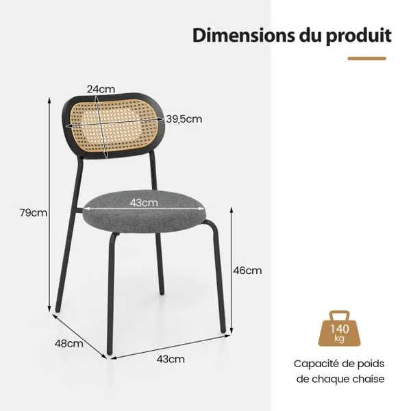 Lot de 2 Chaises de Salle à Manger en Rotin Siège Ronde Rembourrée en Tissu de Lin Hauteur d'Assise 46 cm 4 Pieds en Métal Style Bohême Noir