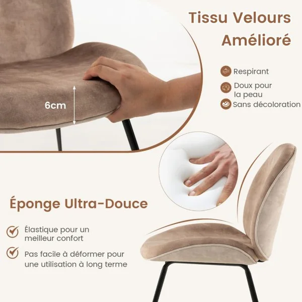 Lot de 2 Chaises de Salle à Manger en Velours avec Base en Métal Chaise de Loisirs Rembourrée Moderne Chaise d’Appoint pour Chambre Café