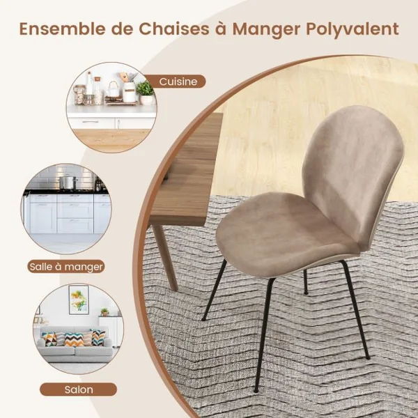 Lot de 2 Chaises de Salle à Manger en Velours avec Base en Métal Chaise de Loisirs Rembourrée Moderne Chaise d’Appoint pour Chambre Café