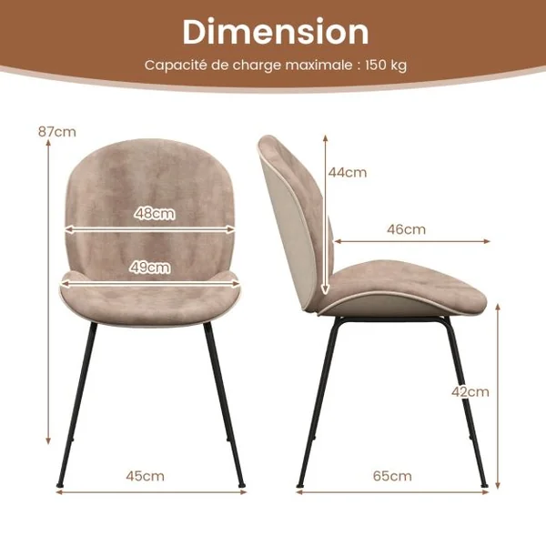 Lot de 2 Chaises de Salle à Manger en Velours avec Base en Métal Chaise de Loisirs Rembourrée Moderne Chaise d’Appoint pour Chambre Café