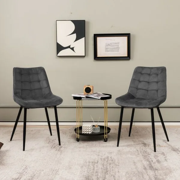 Lot de 2 Chaises de Salle à Manger en Velours avec Dossiers et Sièges Rembourrés Pieds en Métal Massif Patins Antidérapants Gris