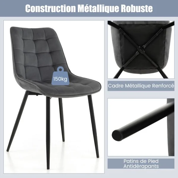 Lot de 2 Chaises de Salle à Manger en Velours avec Dossiers et Sièges Rembourrés Pieds en Métal Massif Patins Antidérapants Gris