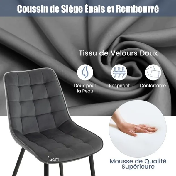 Lot de 2 Chaises de Salle à Manger en Velours avec Dossiers et Sièges Rembourrés Pieds en Métal Massif Patins Antidérapants Gris