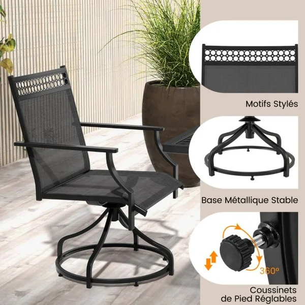 Lot de 2 Chaises de Salle à Manger Pivotantes pour Patio Chaises Extérieures avec Cadre Métallique Robuste et Accoudoirs Gris