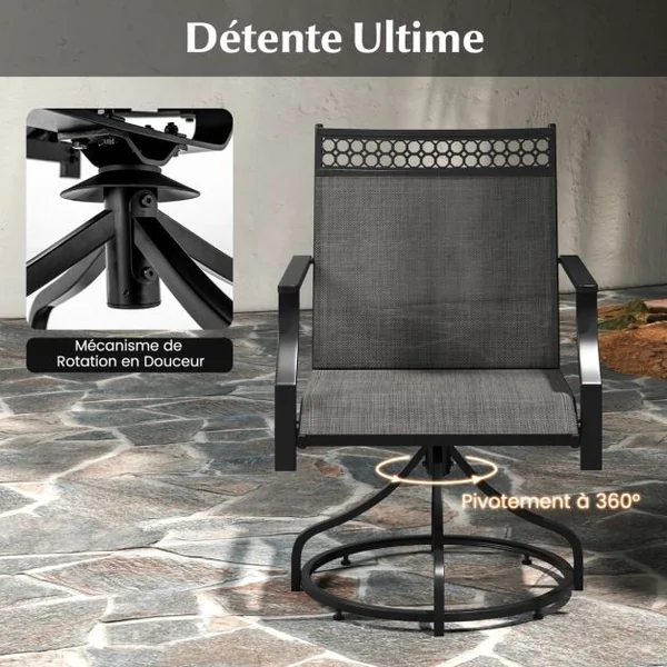 Lot de 2 Chaises de Salle à Manger Pivotantes pour Patio Chaises Extérieures avec Cadre Métallique Robuste et Accoudoirs Gris