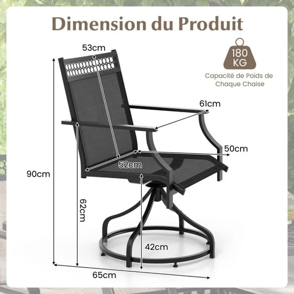 Lot de 2 Chaises de Salle à Manger Pivotantes pour Patio Chaises Extérieures avec Cadre Métallique Robuste et Accoudoirs Gris