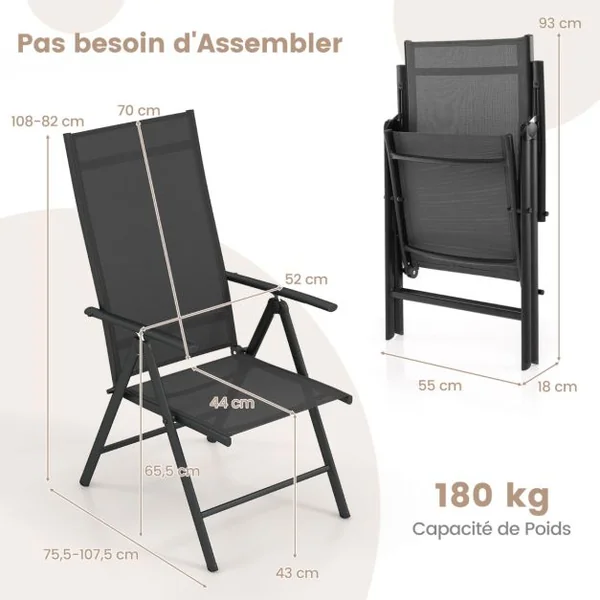 Lot de 2 Chaises de Salle à Manger Pliantes pour Patio Chaises d'Extérieur avec Dossier Haut Réglable sur 7 Niveaux Marron